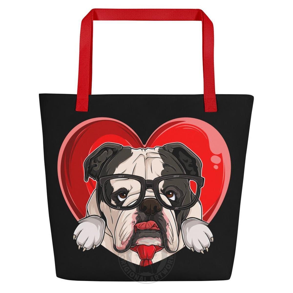 Bulldog “Pop of Love – With a Side of Snacks” Large Tote Bag with Pocket | B&W Colored