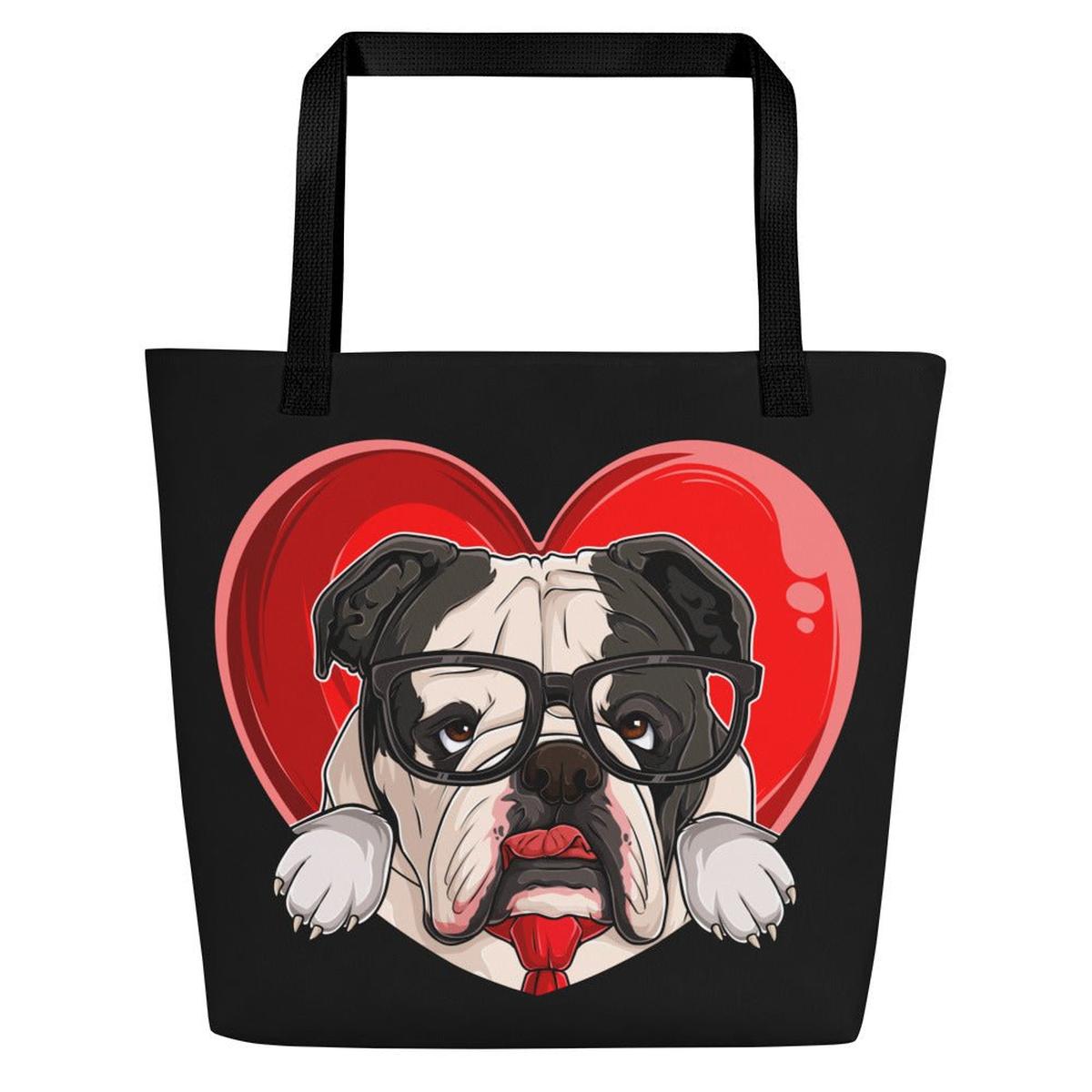 Bulldog “Pop of Love – With a Side of Snacks” Large Tote Bag with Pocket | B&W Colored