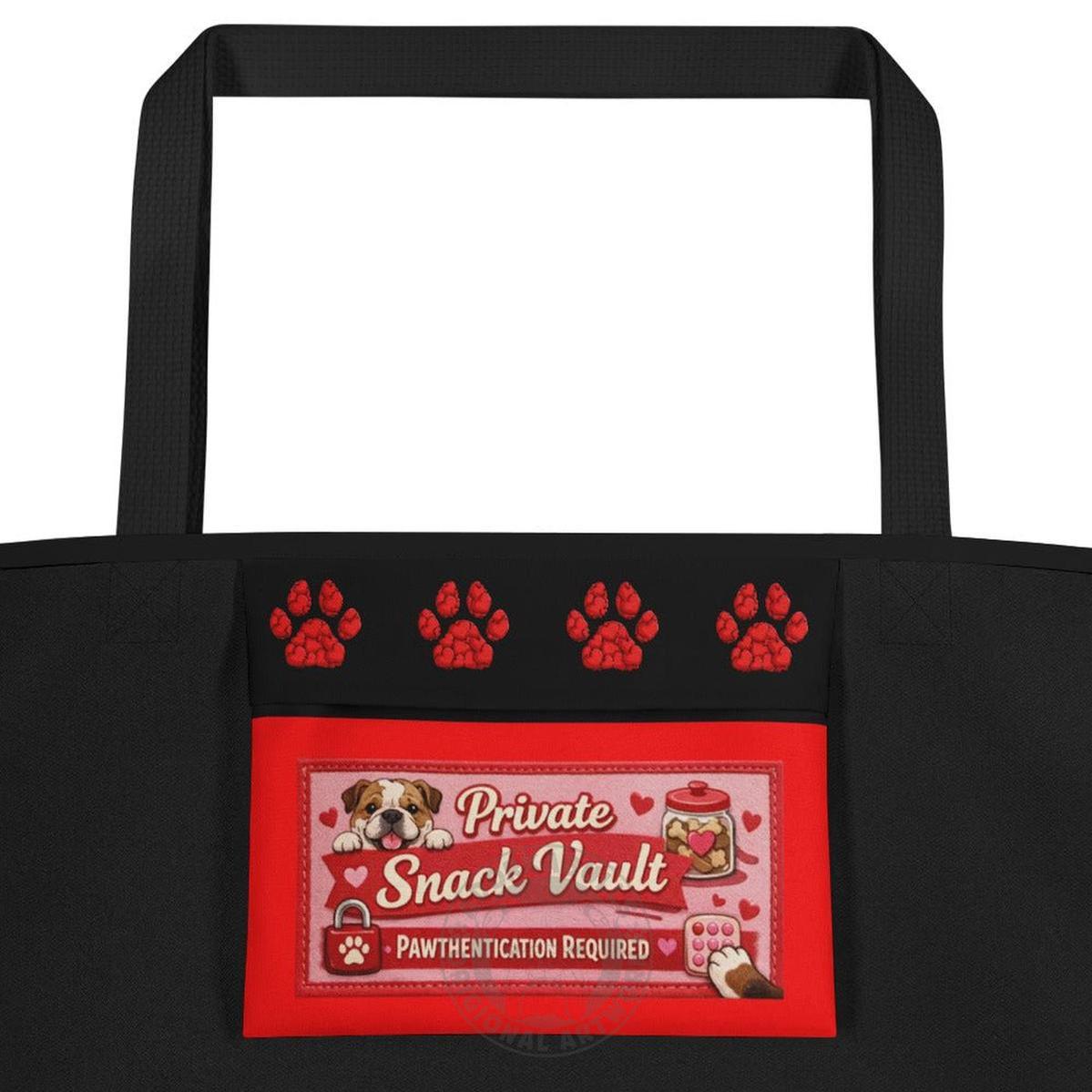 Bulldog “Pop of Love – With a Side of Snacks” Large Tote Bag with Pocket | Fawn & White Colored