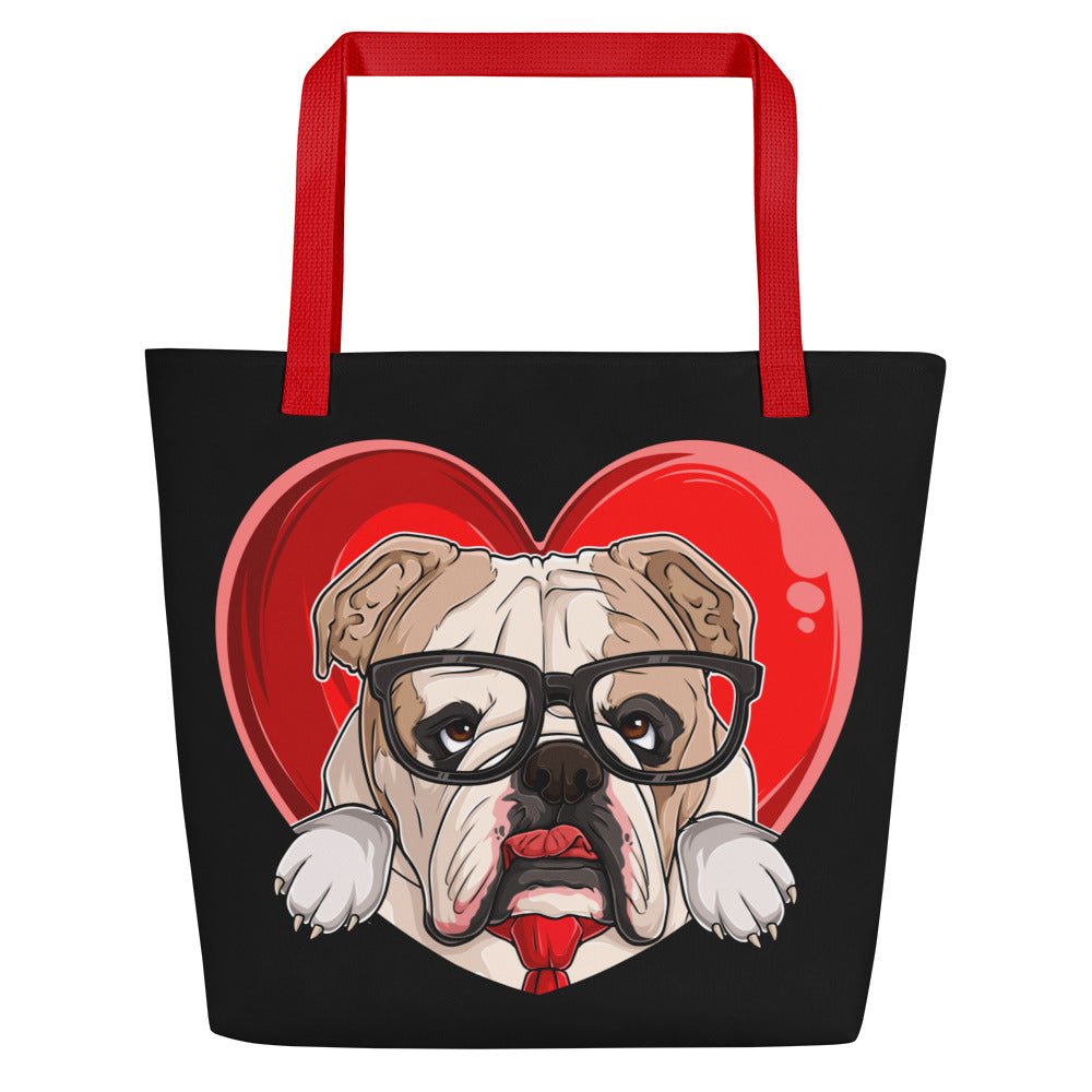 Bulldog “Pop of Love – With a Side of Snacks” Large Tote Bag with Pocket | Fawn & White Colored