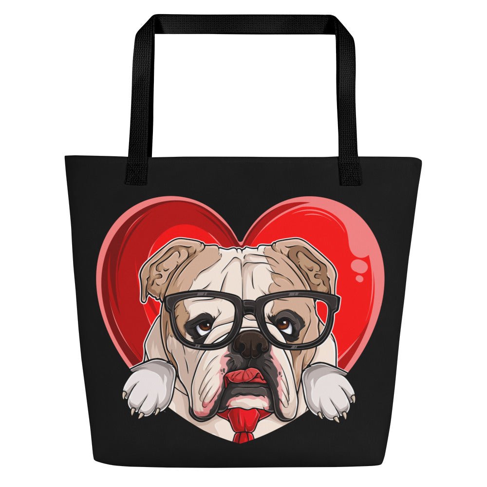 Bulldog “Pop of Love – With a Side of Snacks” Large Tote Bag with Pocket | Fawn & White Colored