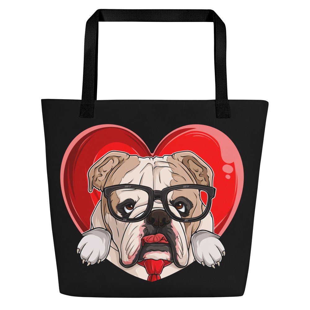 Bulldog “Pop of Love – With a Side of Snacks” Large Tote Bag with Pocket | Fawn & White Colored