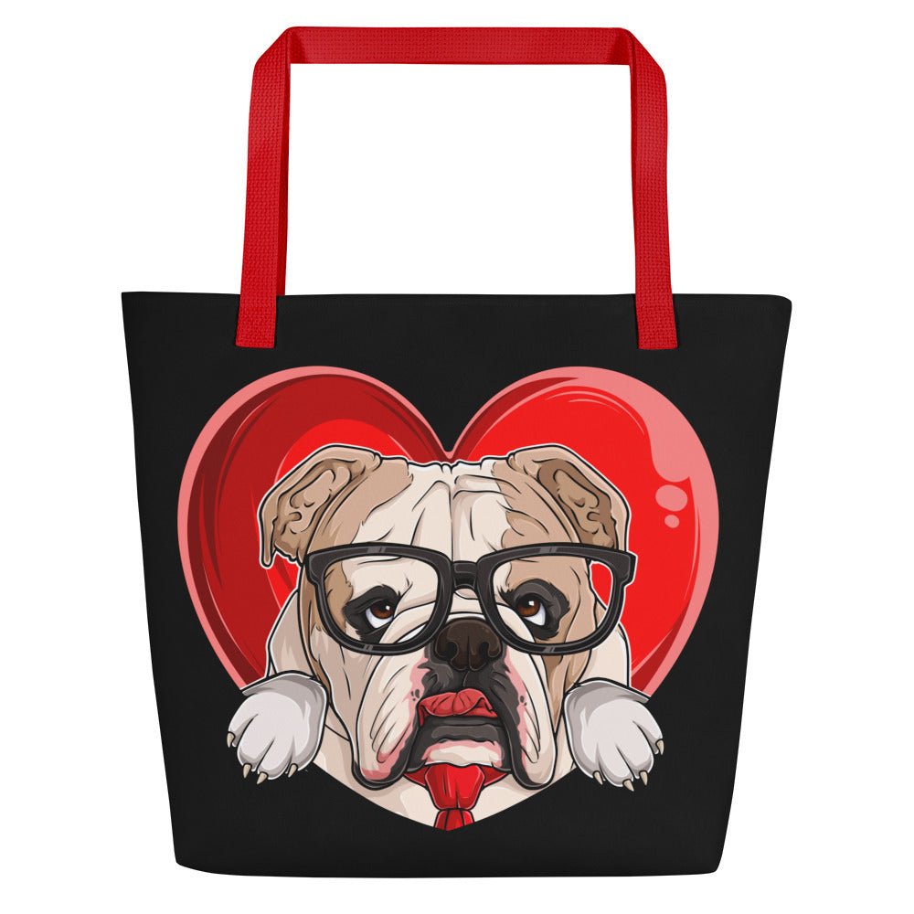 Bulldog “Pop of Love – With a Side of Snacks” Large Tote Bag with Pocket | Fawn & White Colored