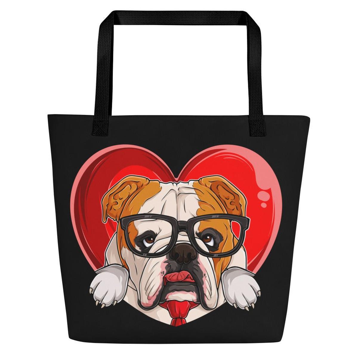 Bulldog “Pop of Love – With a Side of Snacks” Large Tote Bag with Pocket | Red & White Colored