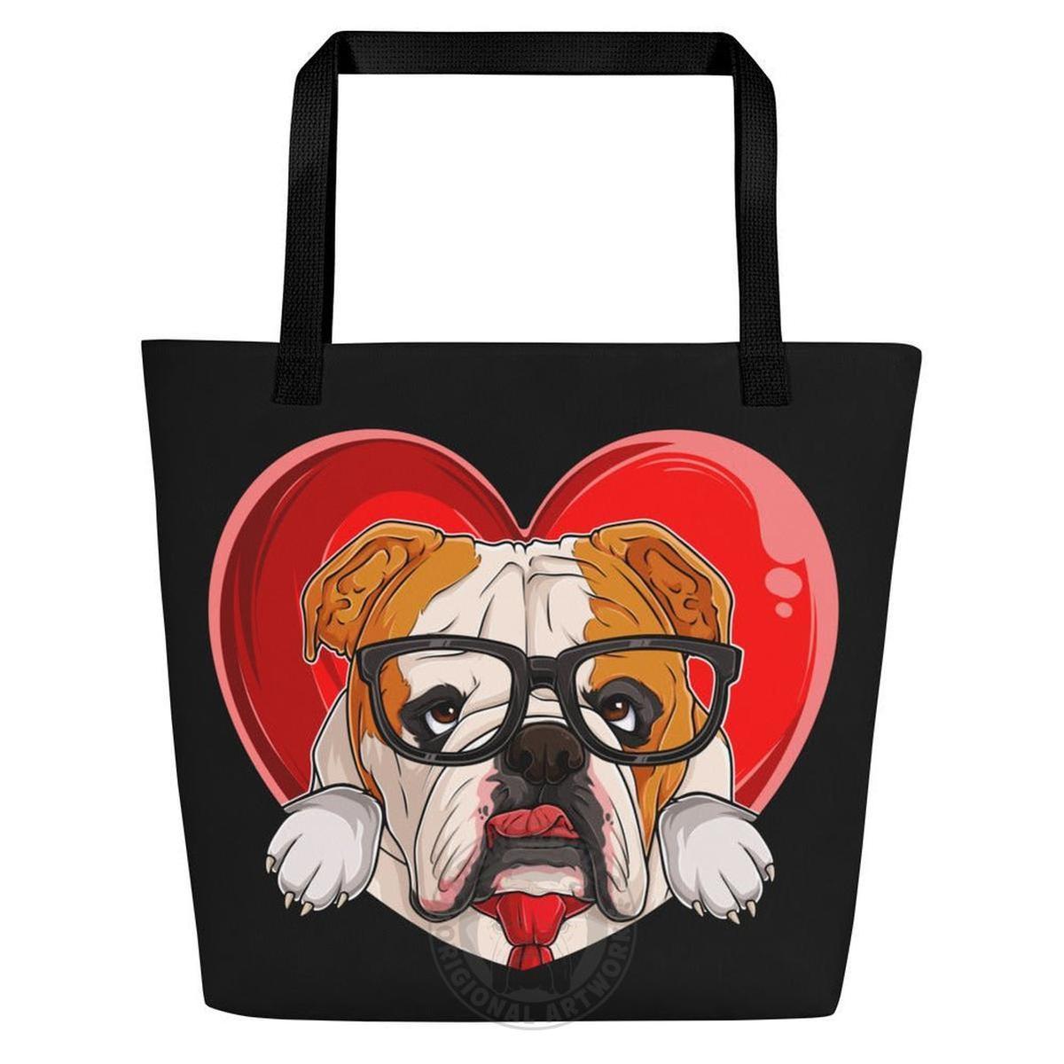 Bulldog “Pop of Love – With a Side of Snacks” Large Tote Bag with Pocket | Red & White Colored