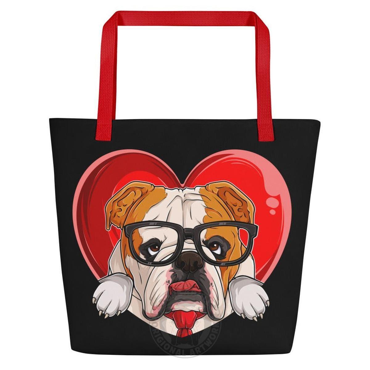 Bulldog “Pop of Love – With a Side of Snacks” Large Tote Bag with Pocket | Red & White Colored