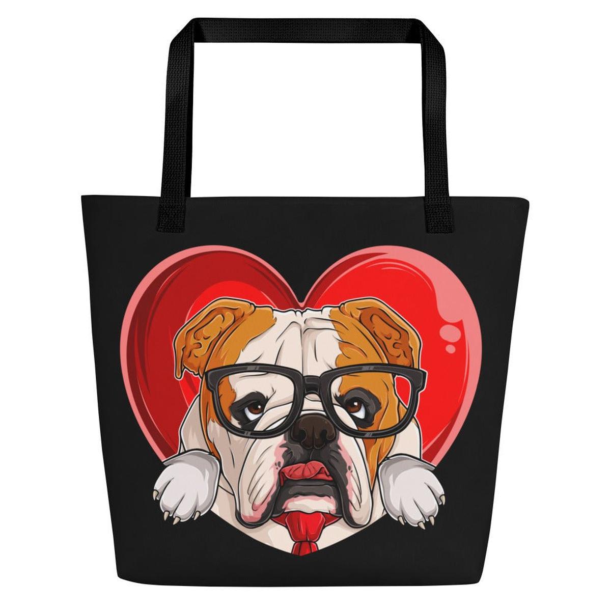 Bulldog “Pop of Love – With a Side of Snacks” Large Tote Bag with Pocket | Red & White Colored