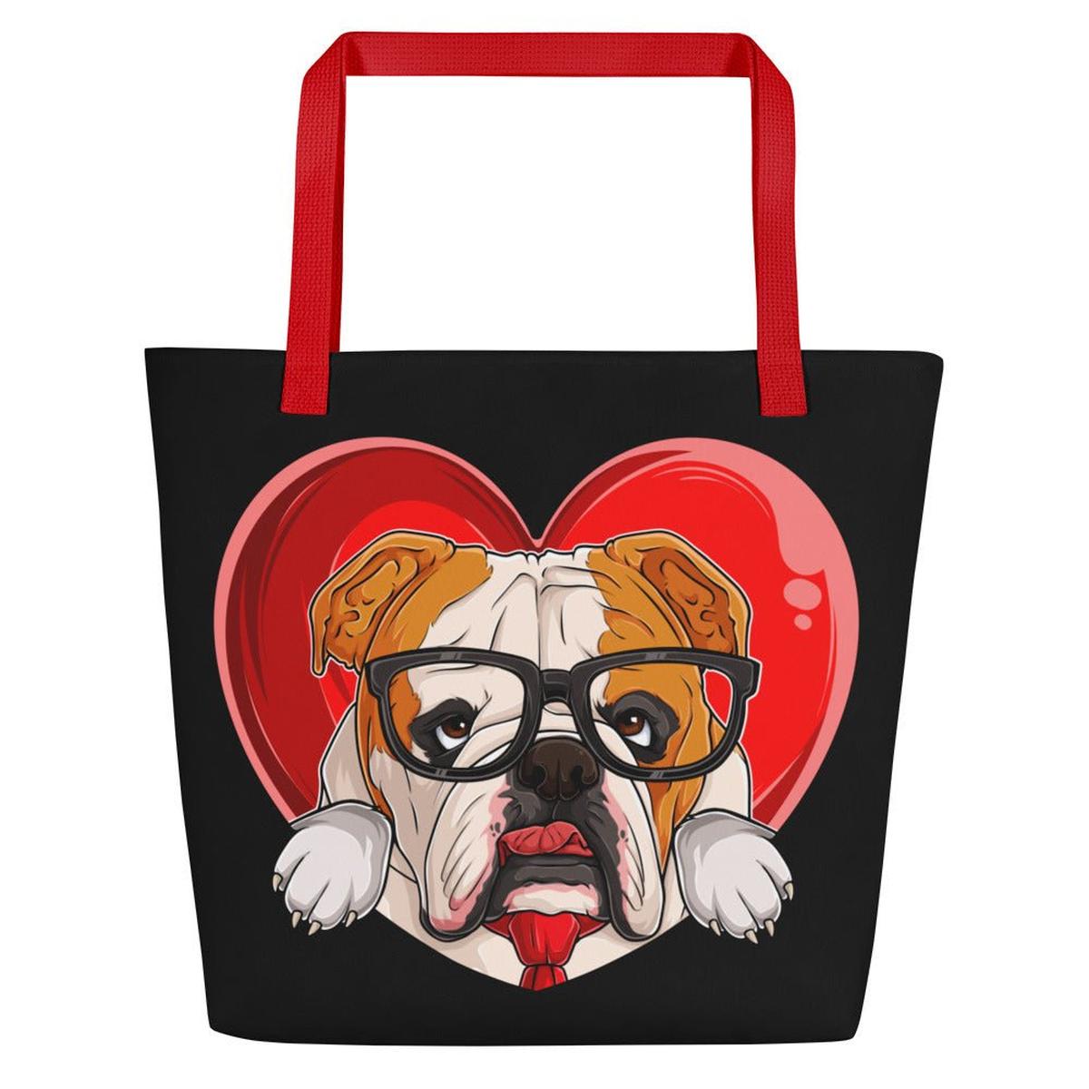 Bulldog “Pop of Love – With a Side of Snacks” Large Tote Bag with Pocket | Red & White Colored
