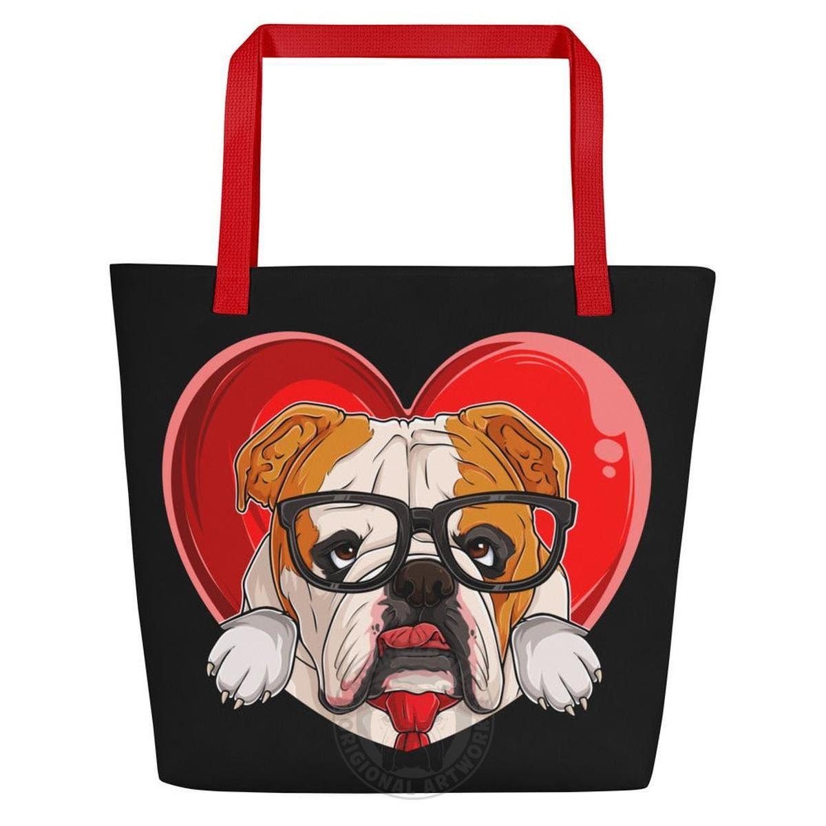 Bulldog “Pop of Love – With a Side of Snacks” Large Tote Bag with Pocket | Red & White Colored