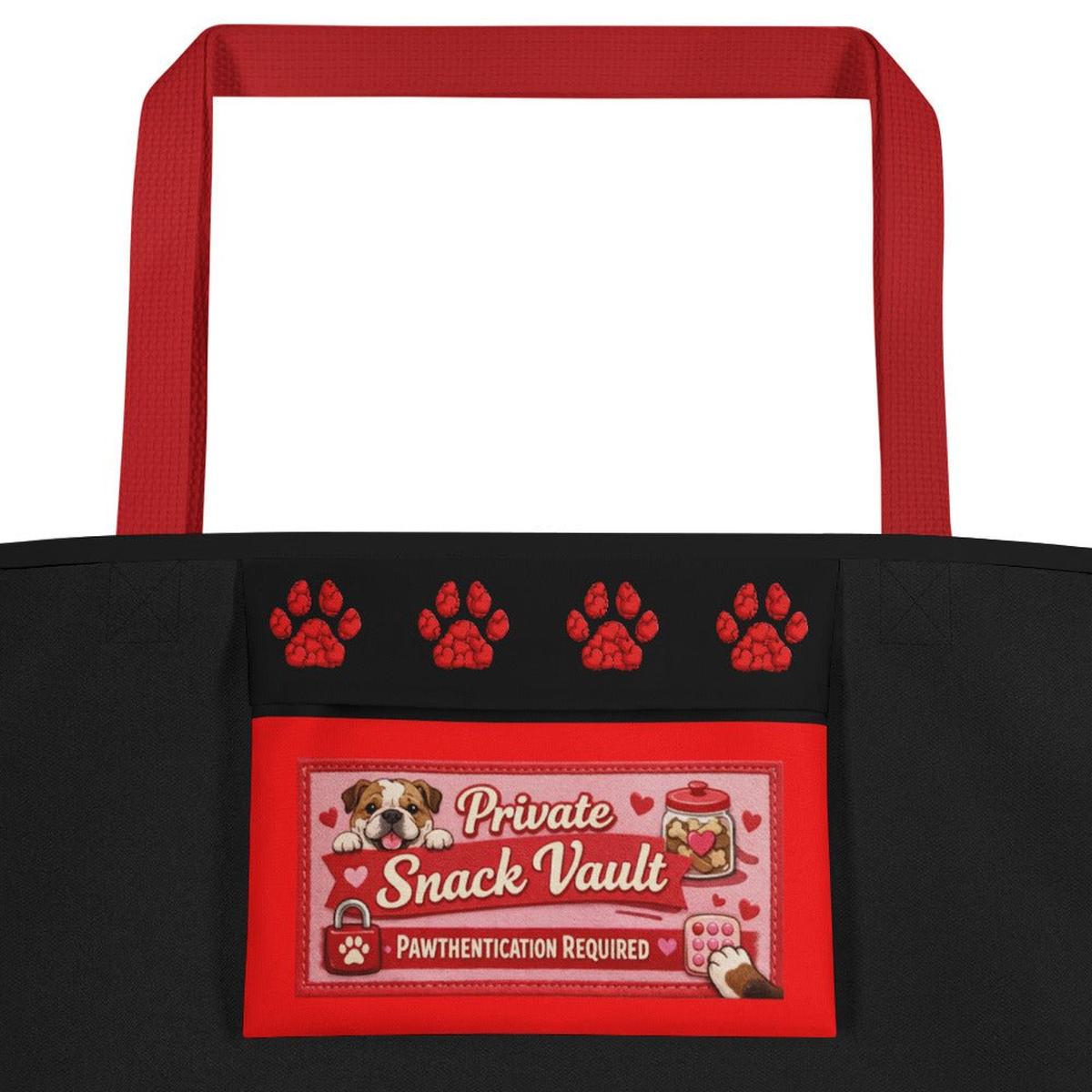 Bulldog “Pop of Love – With a Side of Snacks” Large Tote Bag with Pocket | Red & White Colored