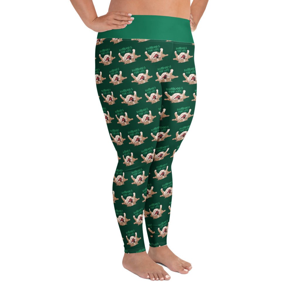 "Bulldogs For Life" Green Plus Size Leggings | Fawn & White Colored