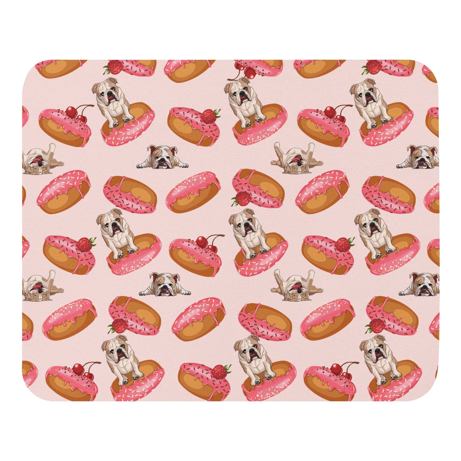 "Bulldogs & Pink Donuts" Mouse Pad | Fawn & White Colored