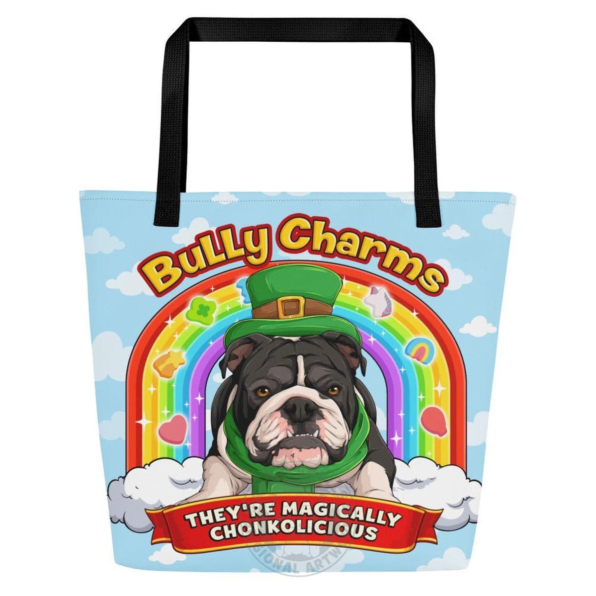 "Bully Charms" Bulldog Large Tote Bag with Pocket | B&W Colored
