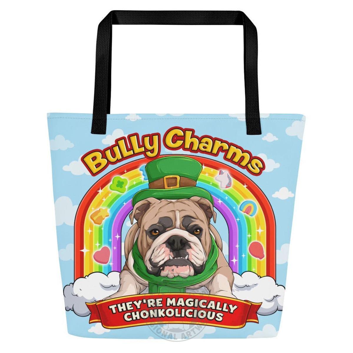 "Bully Charms" Bulldog Large Tote Bag with Pocket | Fawn & White Colored