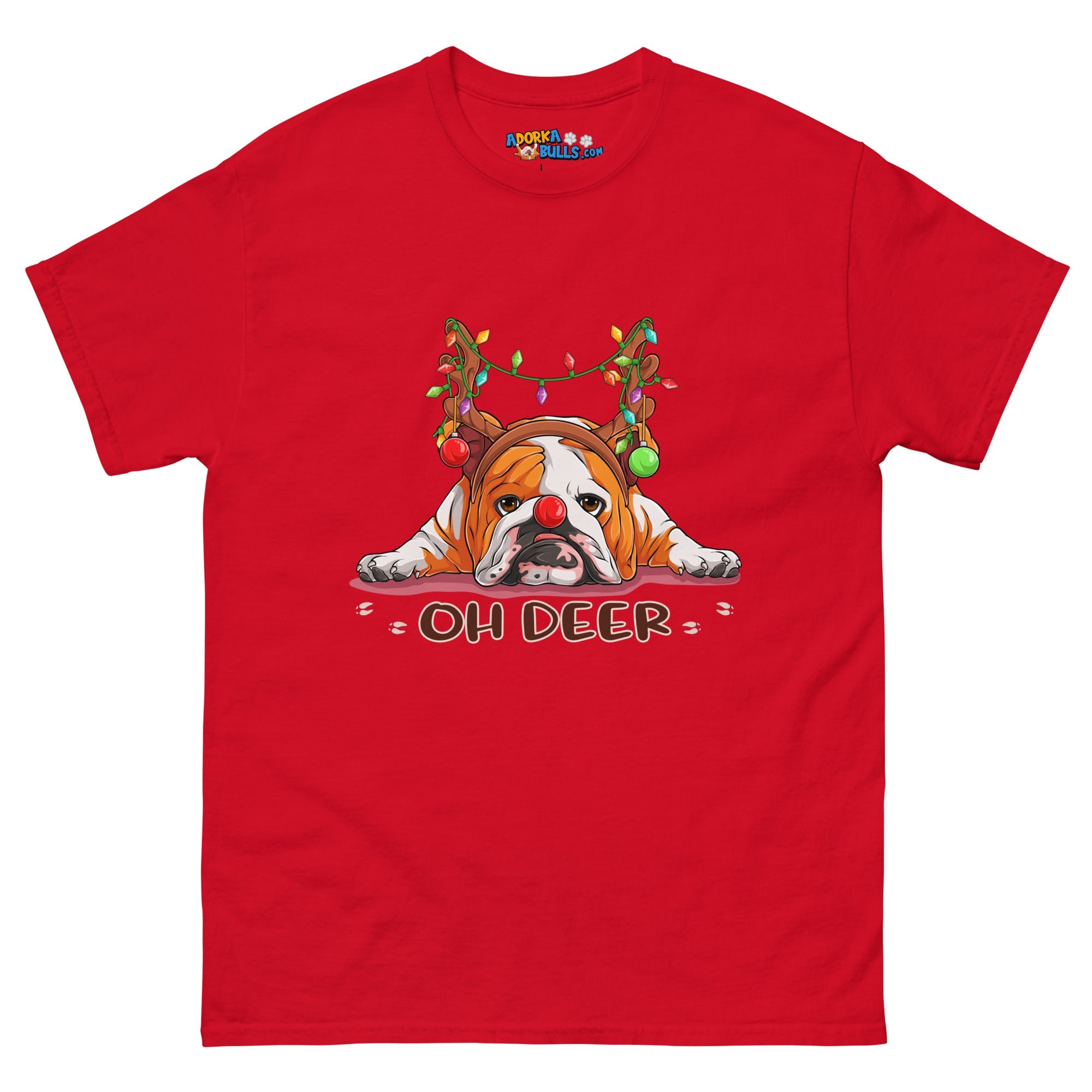 Christmas "Oh Deer" English Bulldog Unisex Tee | Red & White Colored