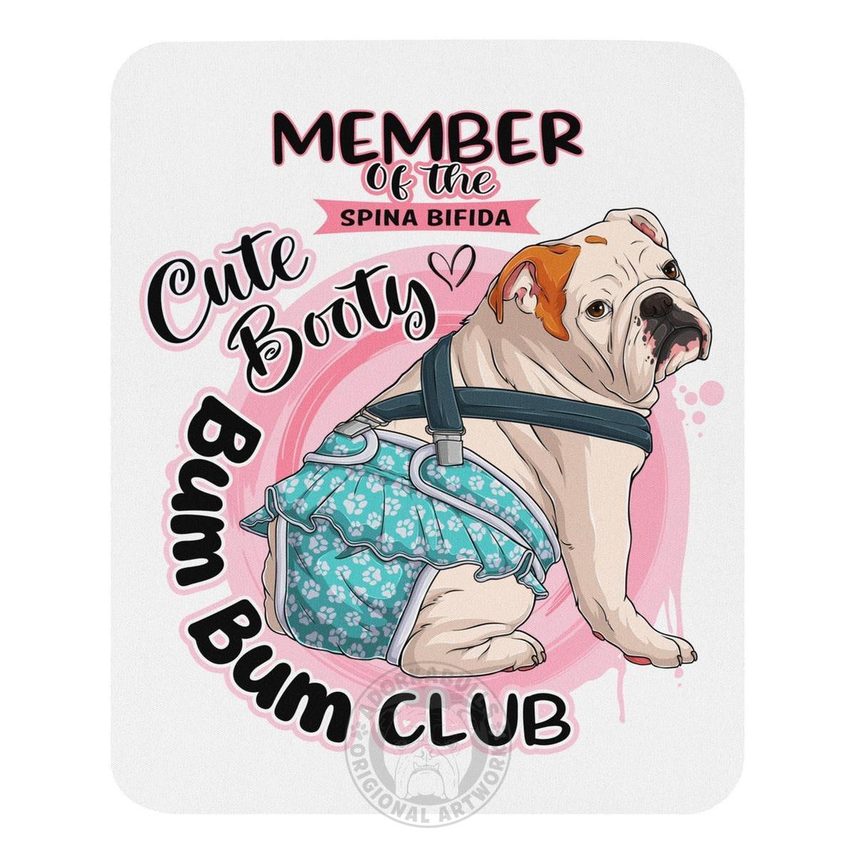 "Cute Booty Bum Bum Club" Mouse Pad | Red & White Colored Female English Bulldog with Spina Bifida