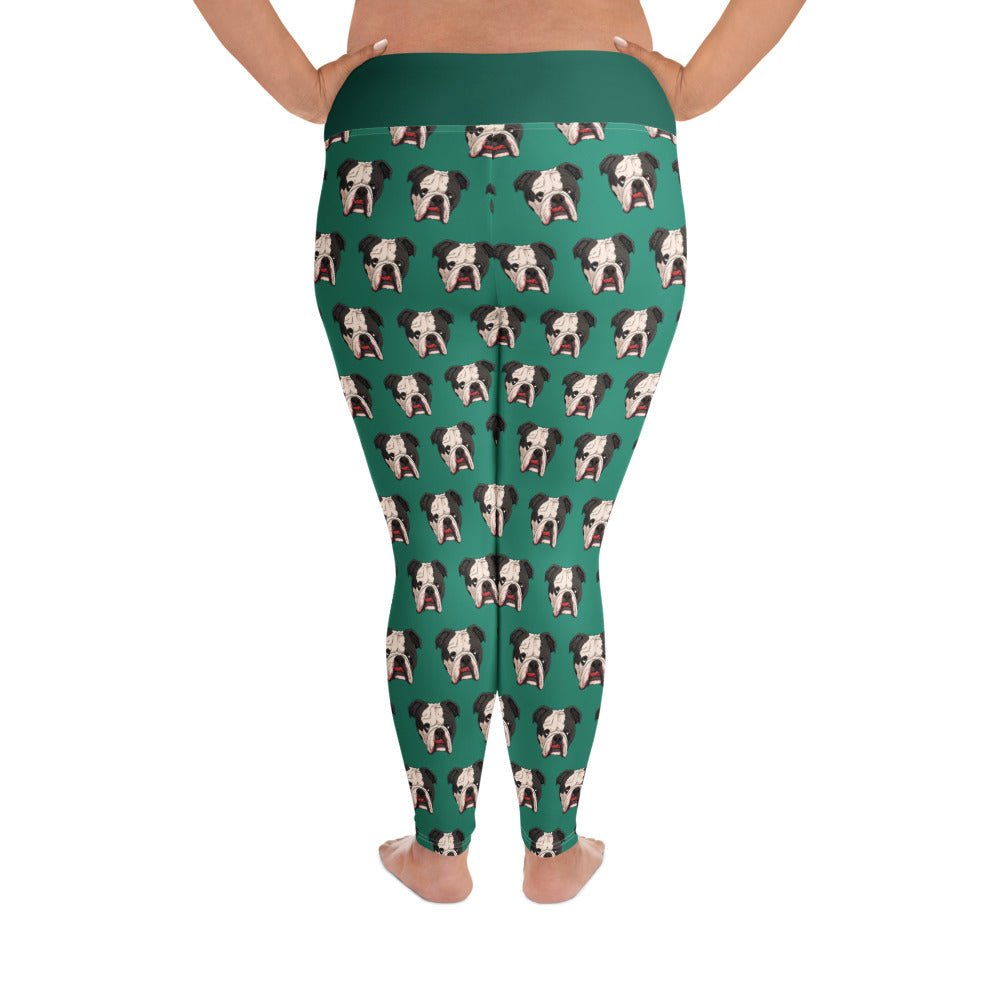 Derpy English Bulldog Green Plus Size Leggings | Black & White Colored