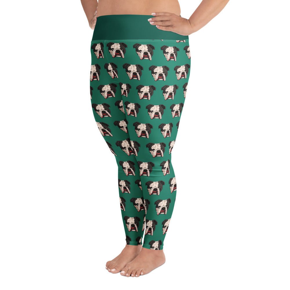 Derpy English Bulldog Green Plus Size Leggings | Black & White Colored