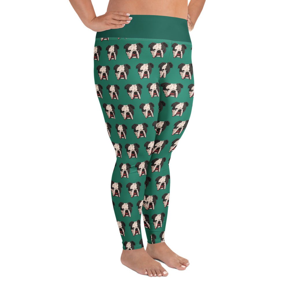 Derpy English Bulldog Green Plus Size Leggings | Black & White Colored