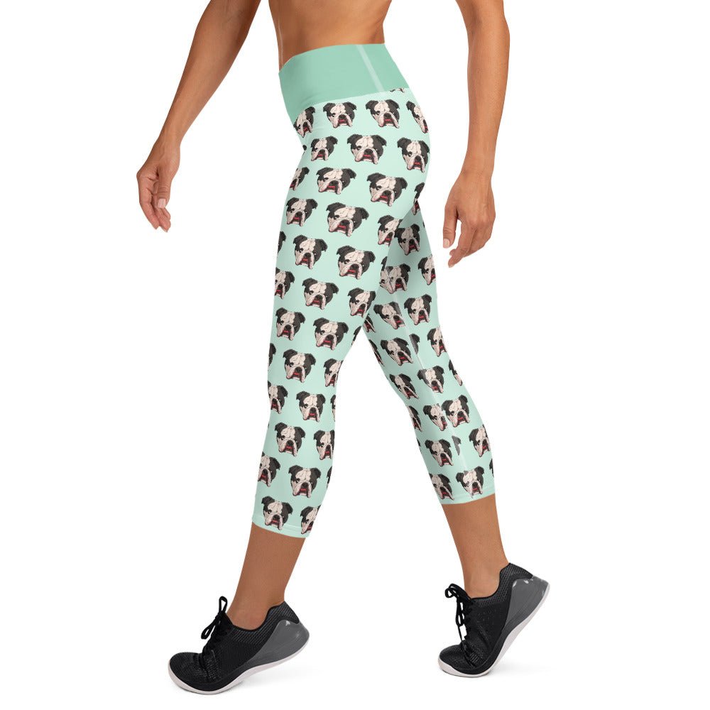 Derpy English Bulldog Yoga Capri Leggings | Black & White Colored