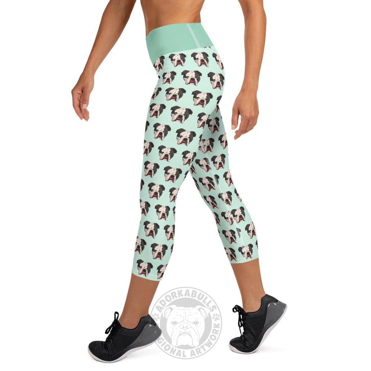Derpy English Bulldog Yoga Capri Leggings | Black & White Colored