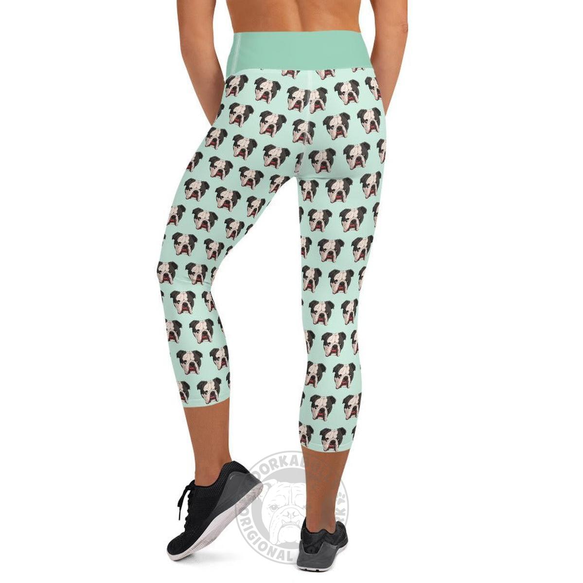 Derpy English Bulldog Yoga Capri Leggings | Black & White Colored