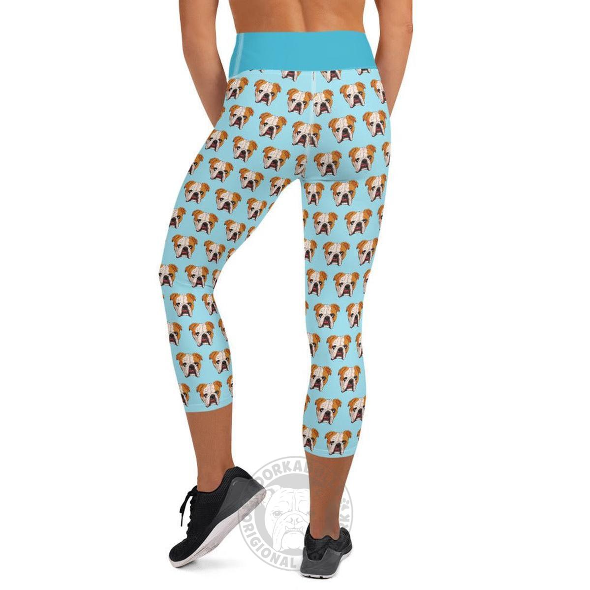 Derpy English Bulldog Yoga Capri Leggings | Red & White Colored