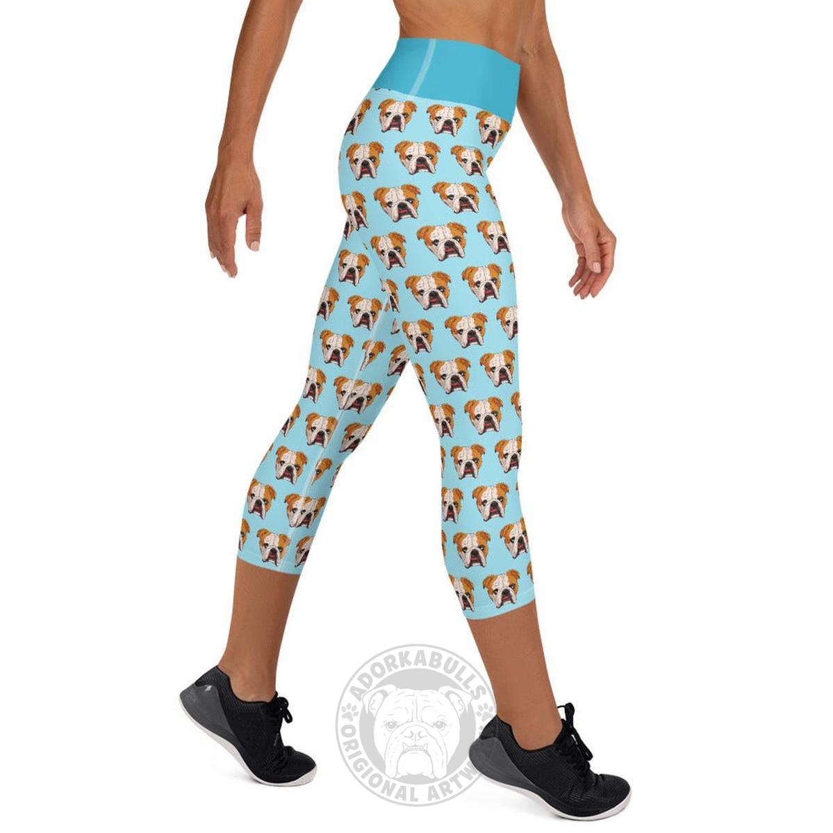 Derpy English Bulldog Yoga Capri Leggings | Red & White Colored