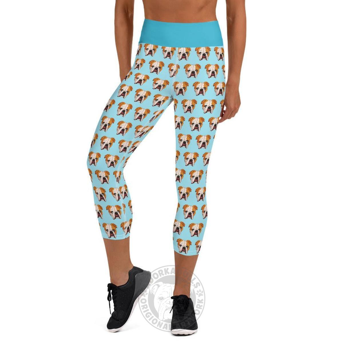 Derpy English Bulldog Yoga Capri Leggings | Red & White Colored