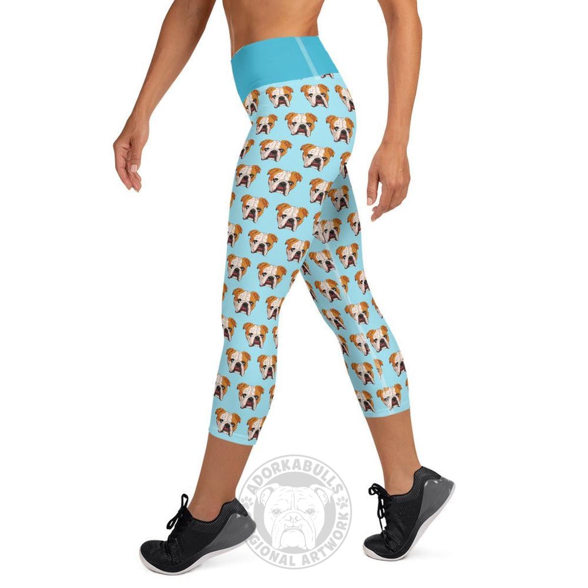 Derpy English Bulldog Yoga Capri Leggings | Red & White Colored