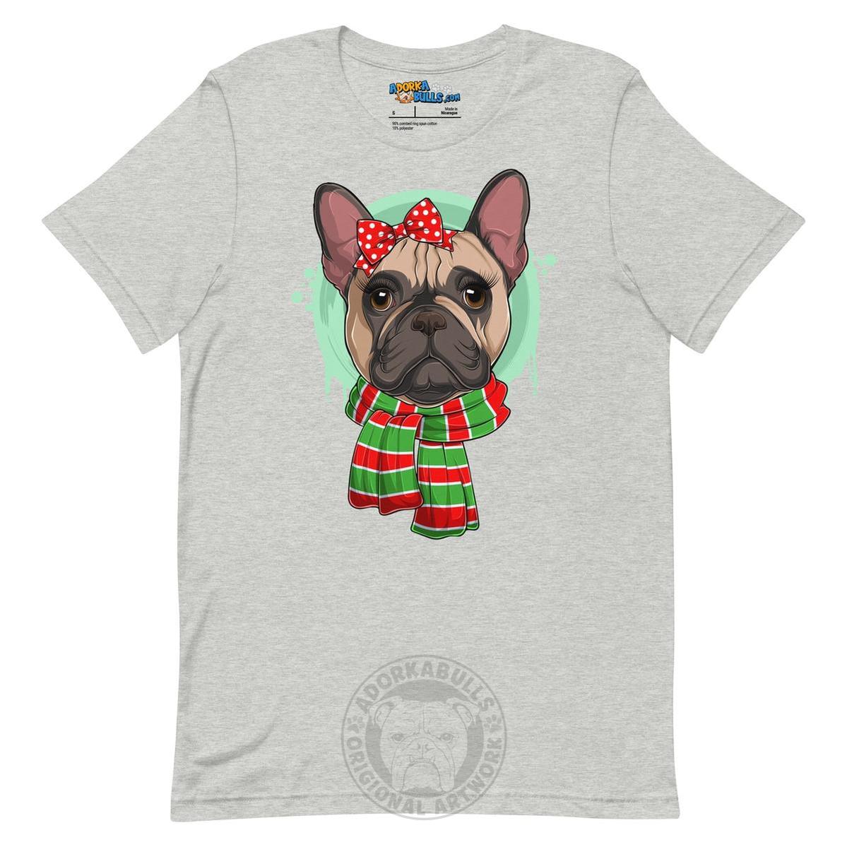 Frenchie in Christmas Scarf Unisex Tee | Fawn & White Colored Female