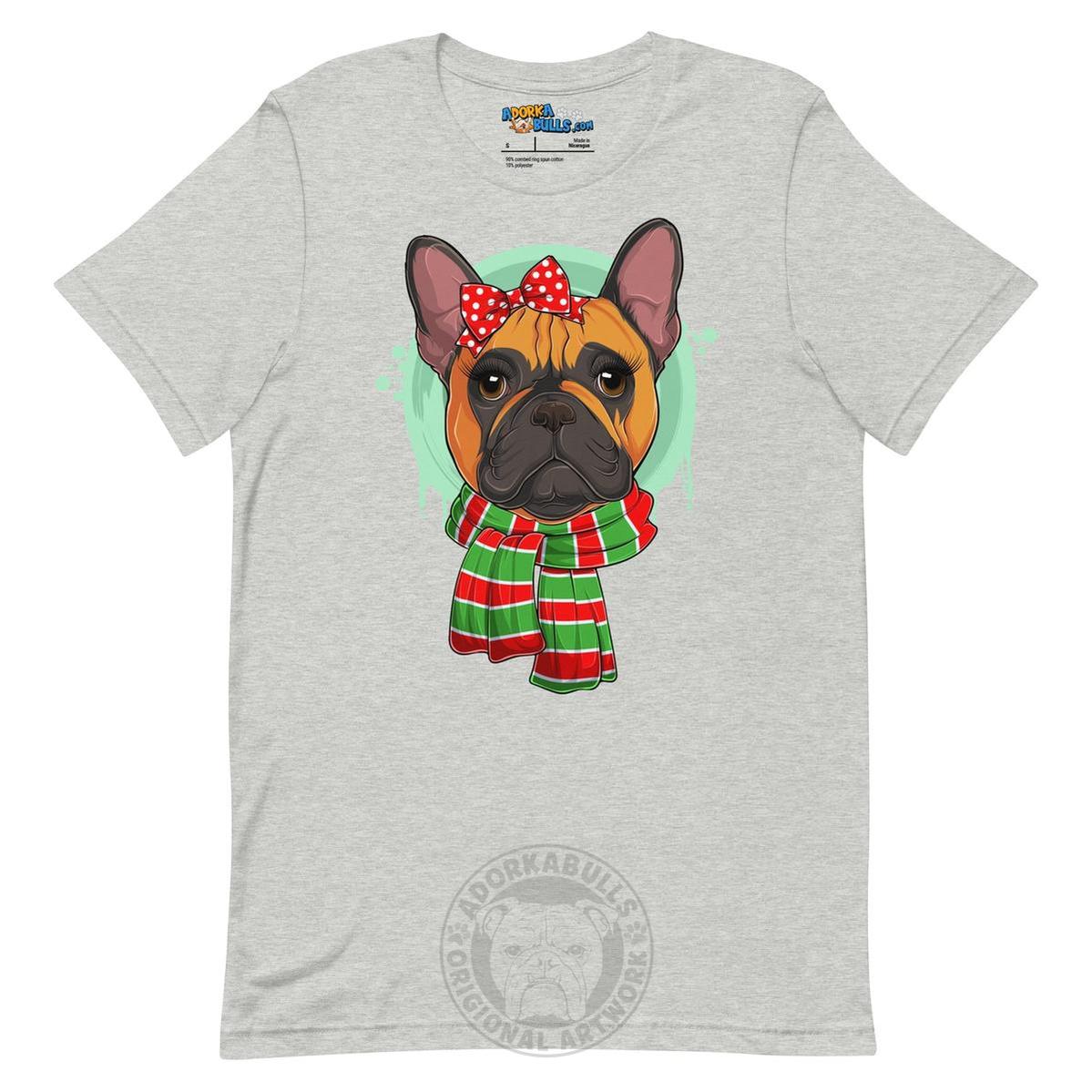 Frenchie in Christmas Scarf Unisex Tee | Red & White Colored Female