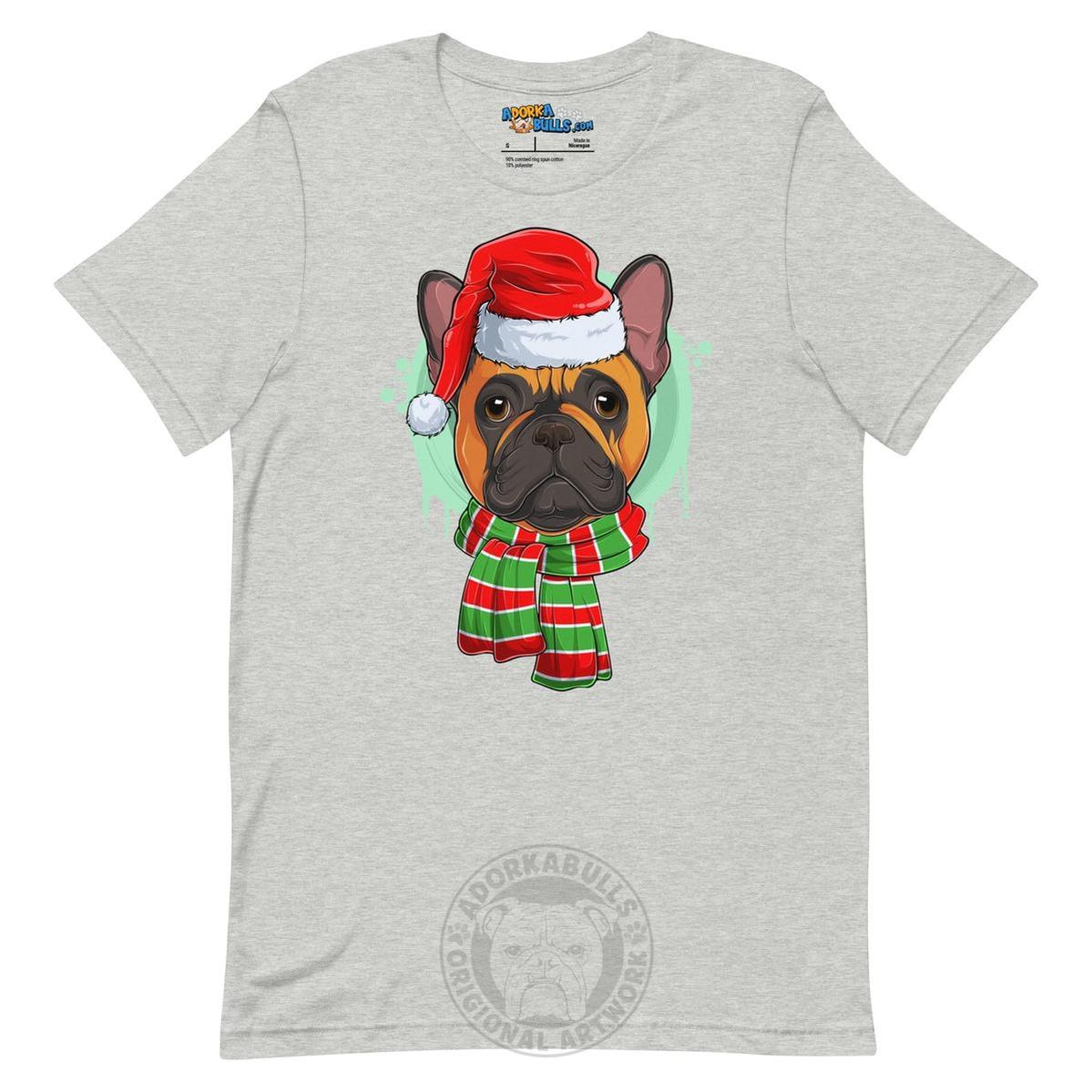 Frenchie in Christmas Scarf Unisex Tee | Red & White Colored Male