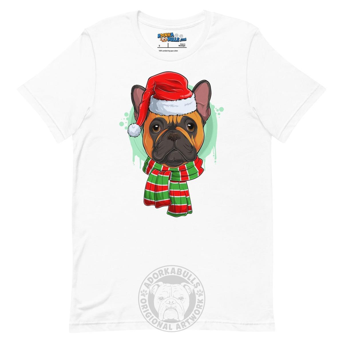 Frenchie in Christmas Scarf Unisex Tee | Red & White Colored Male