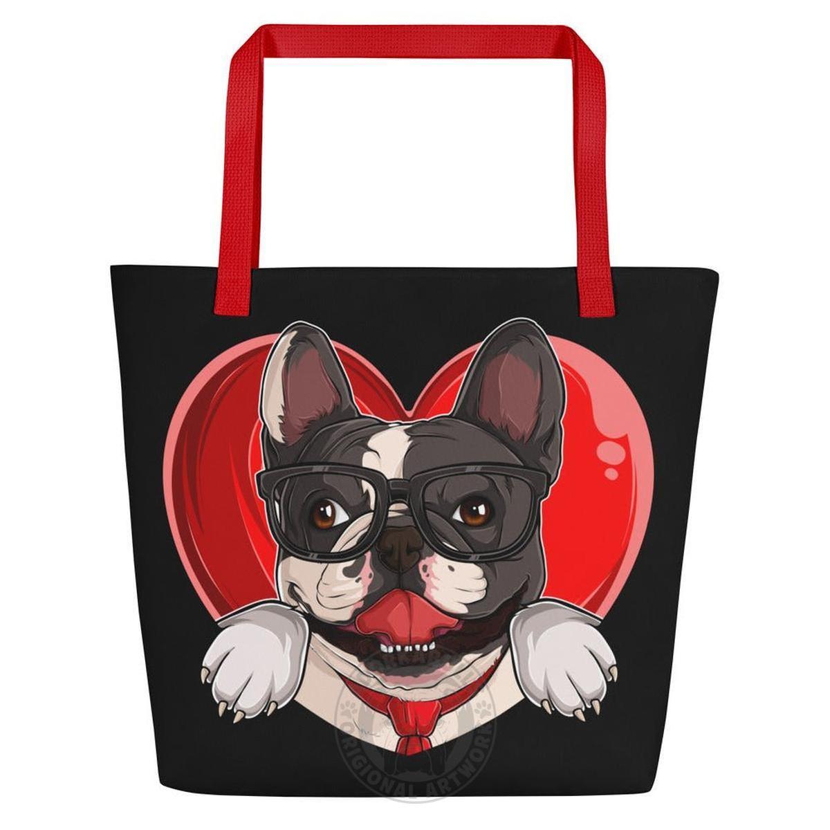 Frenchie “Pop of Love – With a Side of Snacks” Large Tote Bag with Pocket