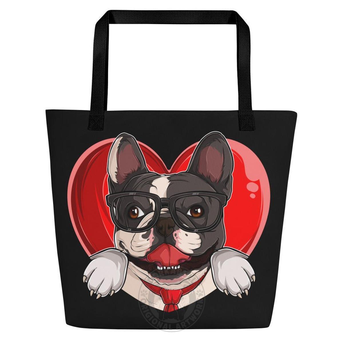 Frenchie “Pop of Love – With a Side of Snacks” Large Tote Bag with Pocket
