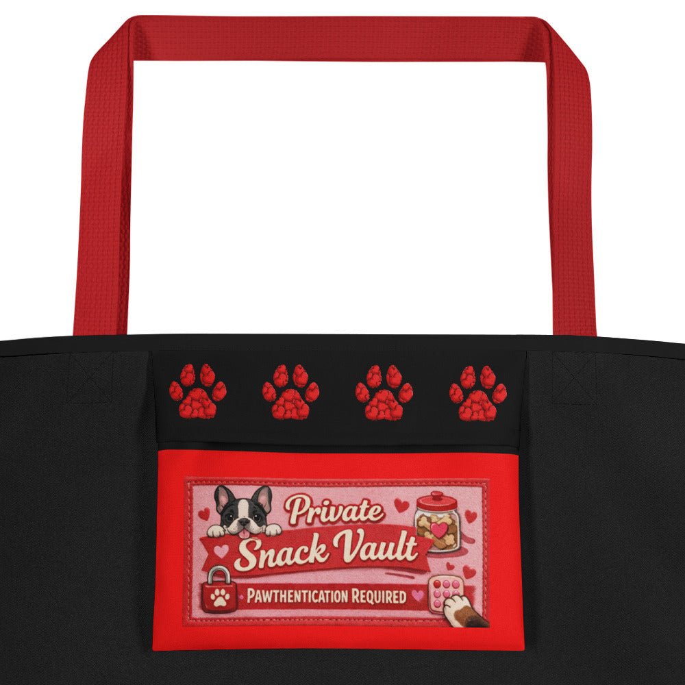 Frenchie “Pop of Love – With a Side of Snacks” Large Tote Bag with Pocket