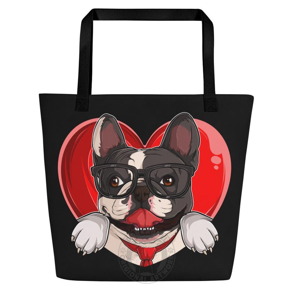 Frenchie “Pop of Love – With a Side of Snacks” Large Tote Bag with Pocket