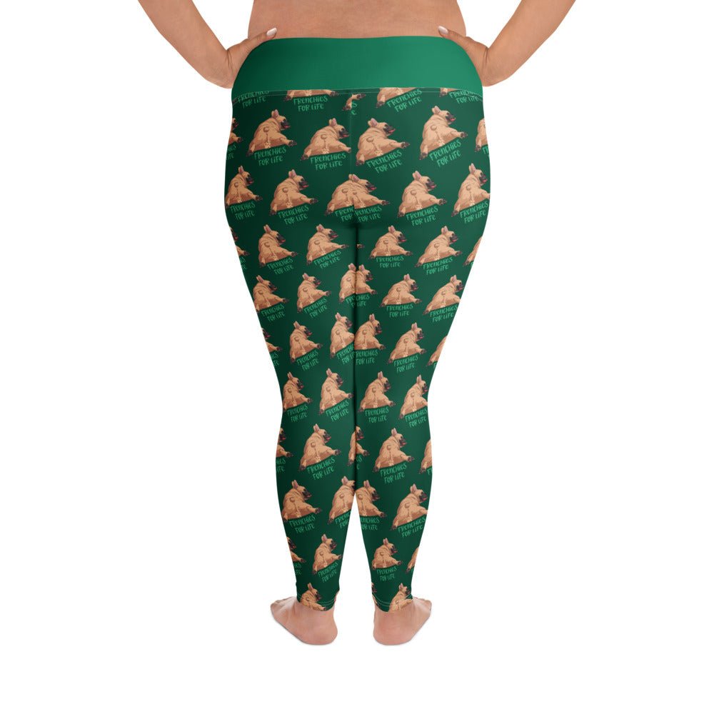 "Frenchies For Life" Green Plus Size Leggings | Fawn & White Colored