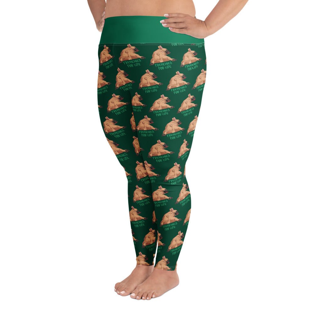 "Frenchies For Life" Green Plus Size Leggings | Fawn & White Colored