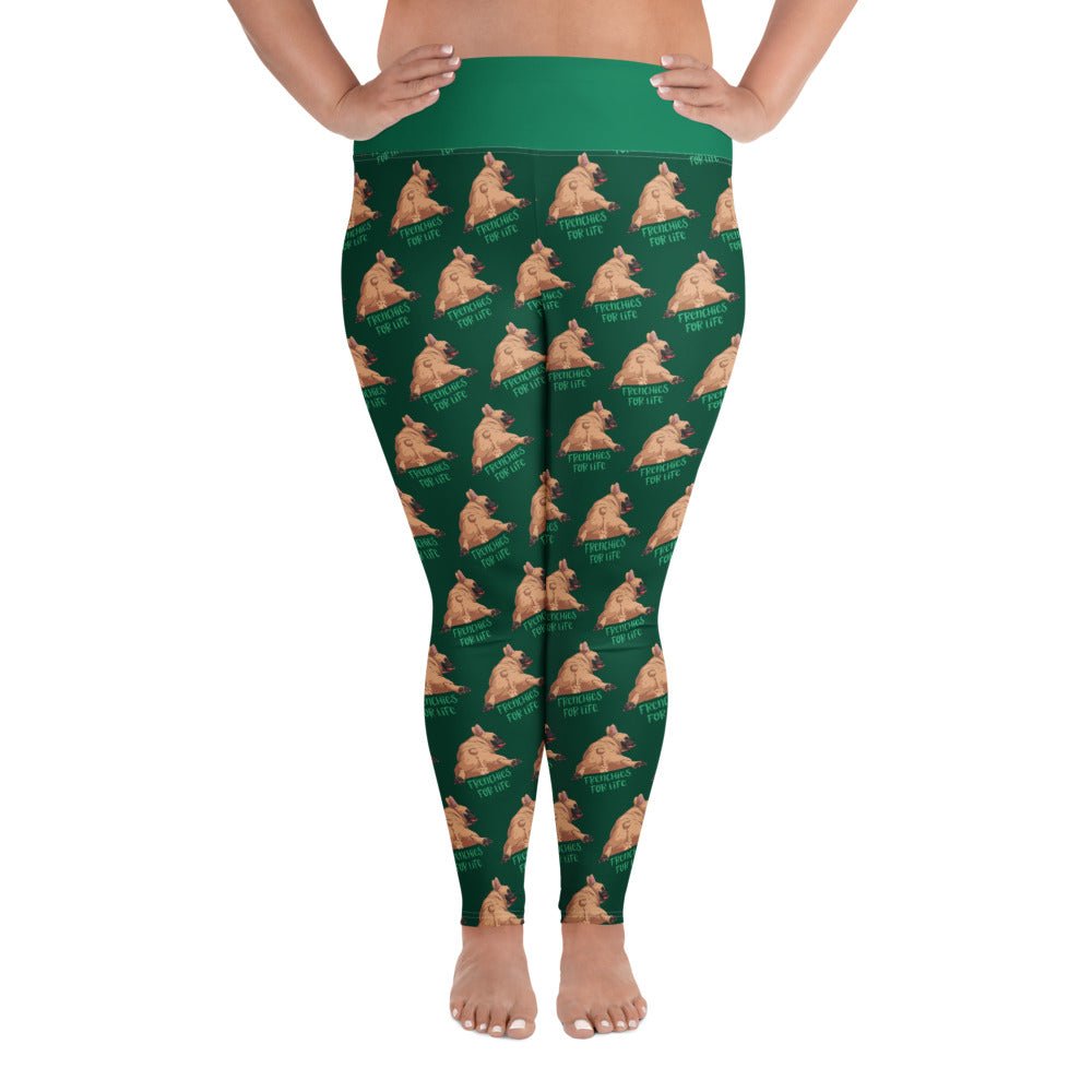 "Frenchies For Life" Green Plus Size Leggings | Fawn & White Colored