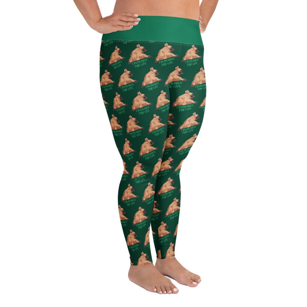 "Frenchies For Life" Green Plus Size Leggings | Fawn & White Colored