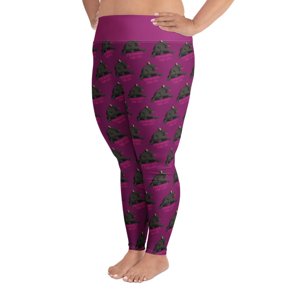 "Frenchies For Life" Purple Plus Size Leggings | Black & White Colored