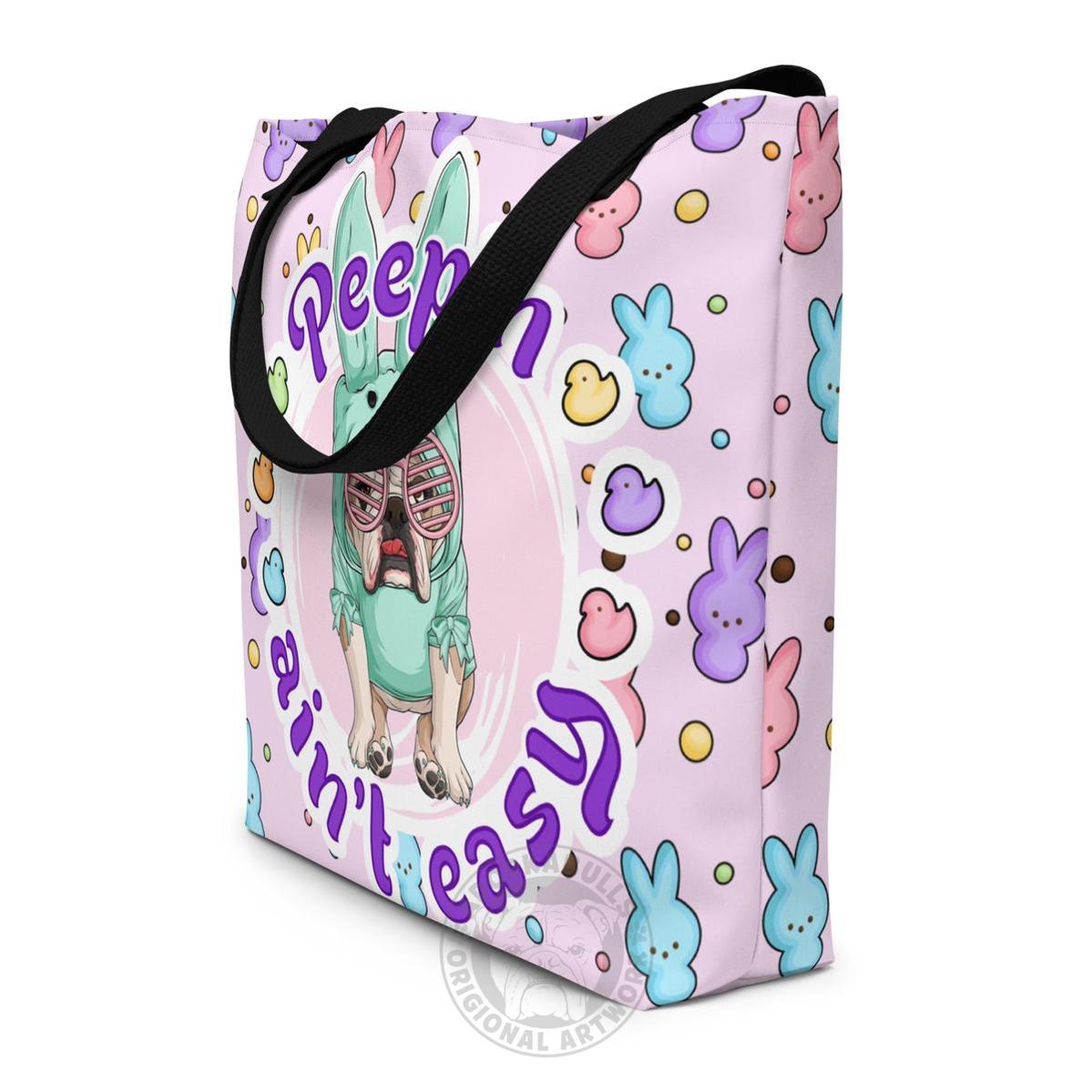 Green "Peep’n Ain’t Easy" Female Bulldog Tote Bag with Pocket | Fawn & White Colored