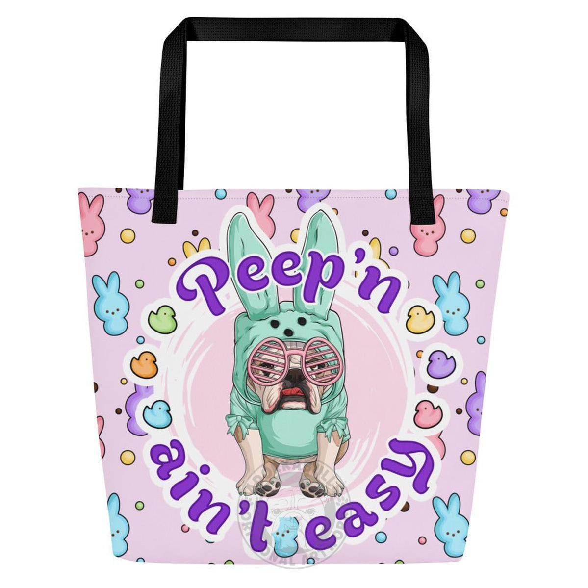 Green "Peep’n Ain’t Easy" Female Bulldog Tote Bag with Pocket | Fawn & White Colored