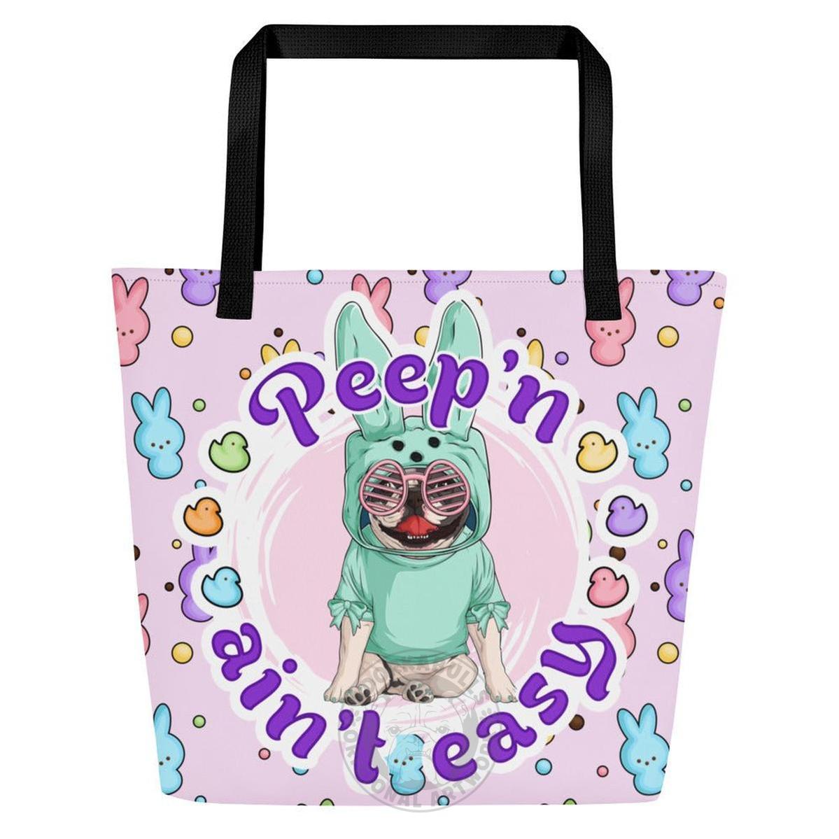Green "Peep’n Ain’t Easy" Female Frenchie Tote Bag with Pocket | B&W Colored