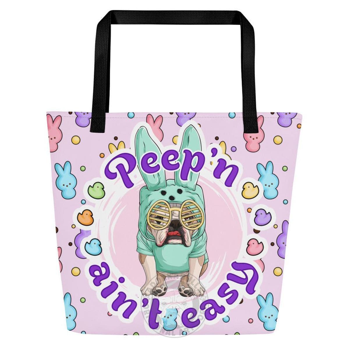 Green "Peep’n Ain’t Easy" Male Bulldog Tote Bag with Pocket | Fawn & White Colored