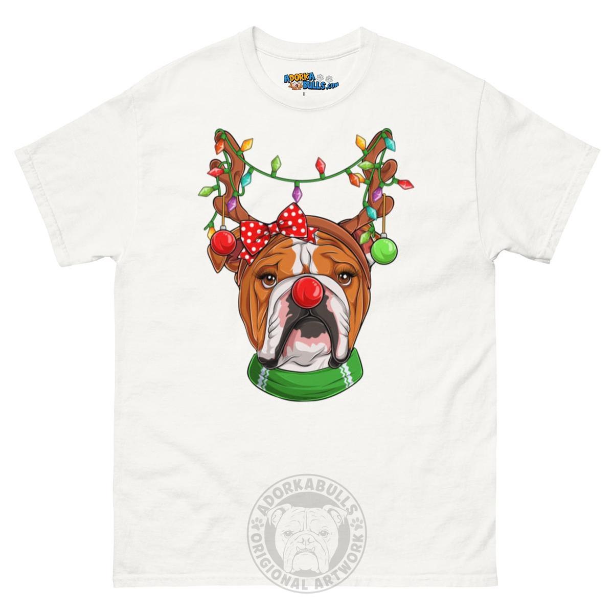 Grumpy Reindeer Female Bulldog T-Shirt | Red & White Colored