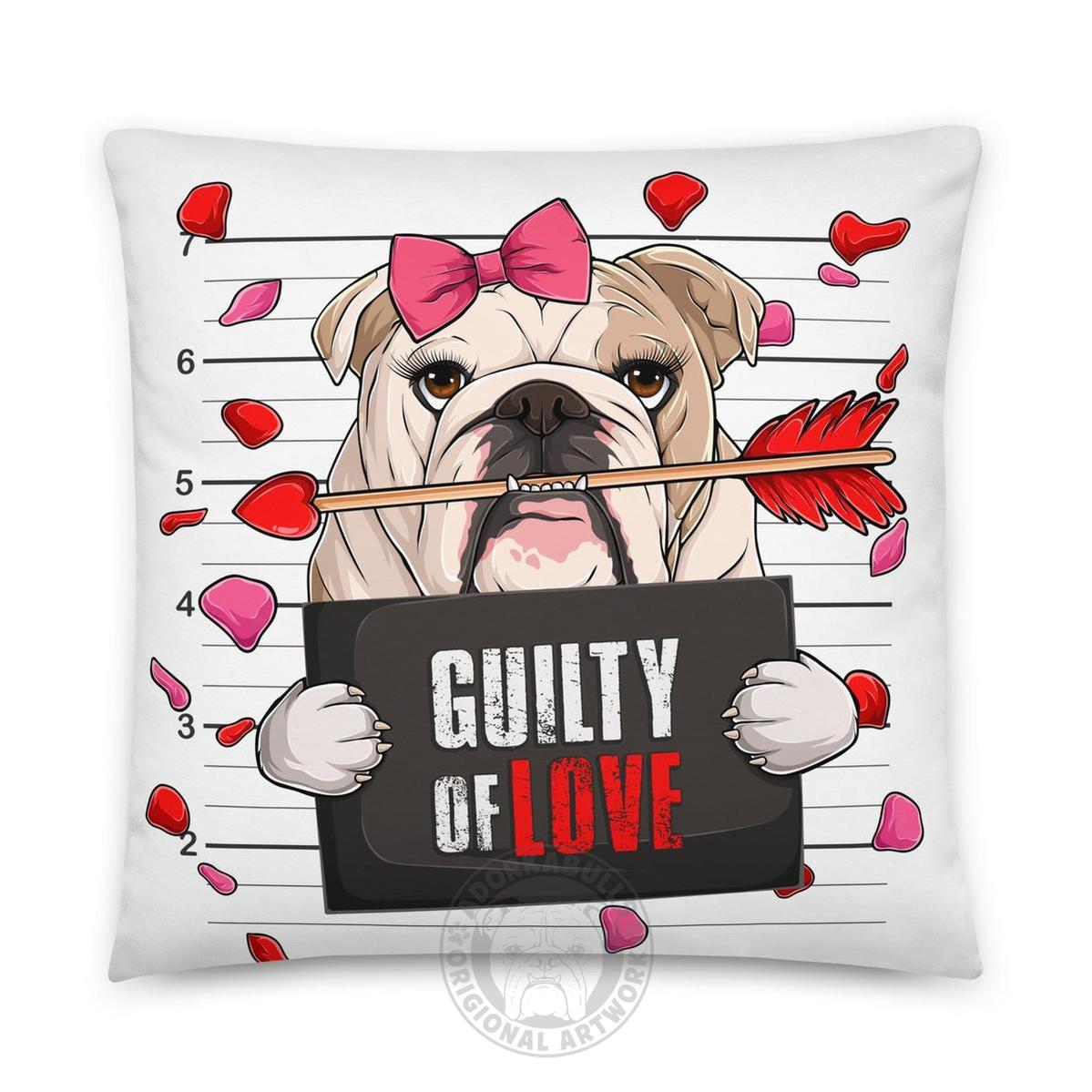 "Guilty of Love" English Bulldog Throw Pillow | Fawn & White Colored Female