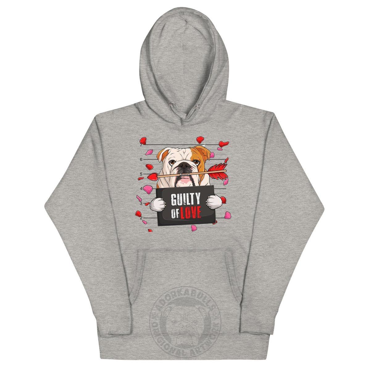"Guilty of Love" English Bulldog Unisex Hoodie | Red & White Colored Male